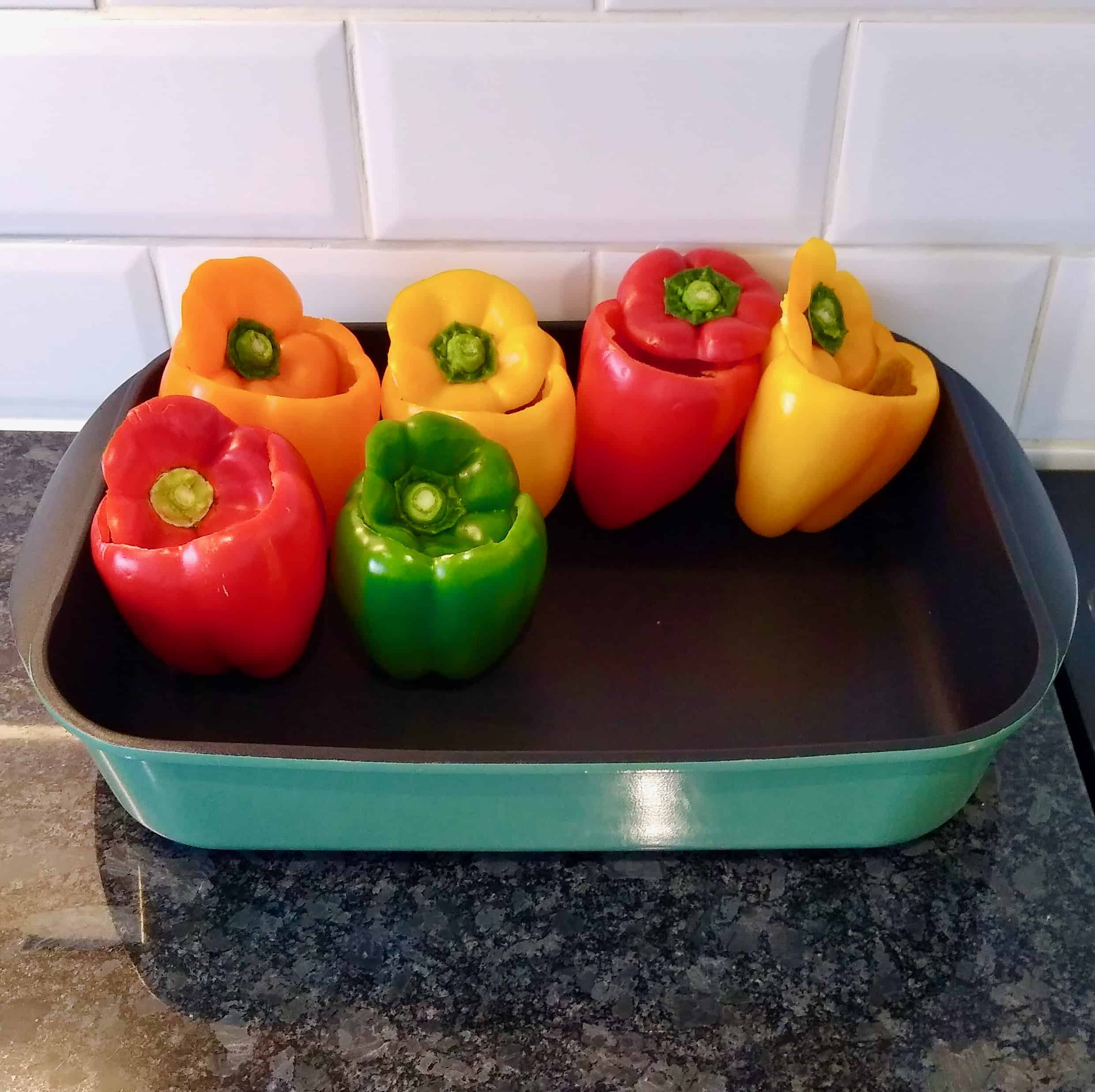 Greek Gemista (Oven Baked or Steamed Stuffed Vegetables with Rice and Mince Meat ) Peppers ready to stuff