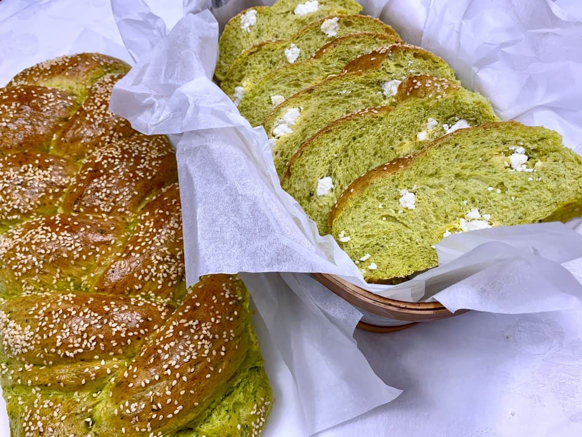 Savoury Tsoureki loaf with Feta cheese, spinach and leek