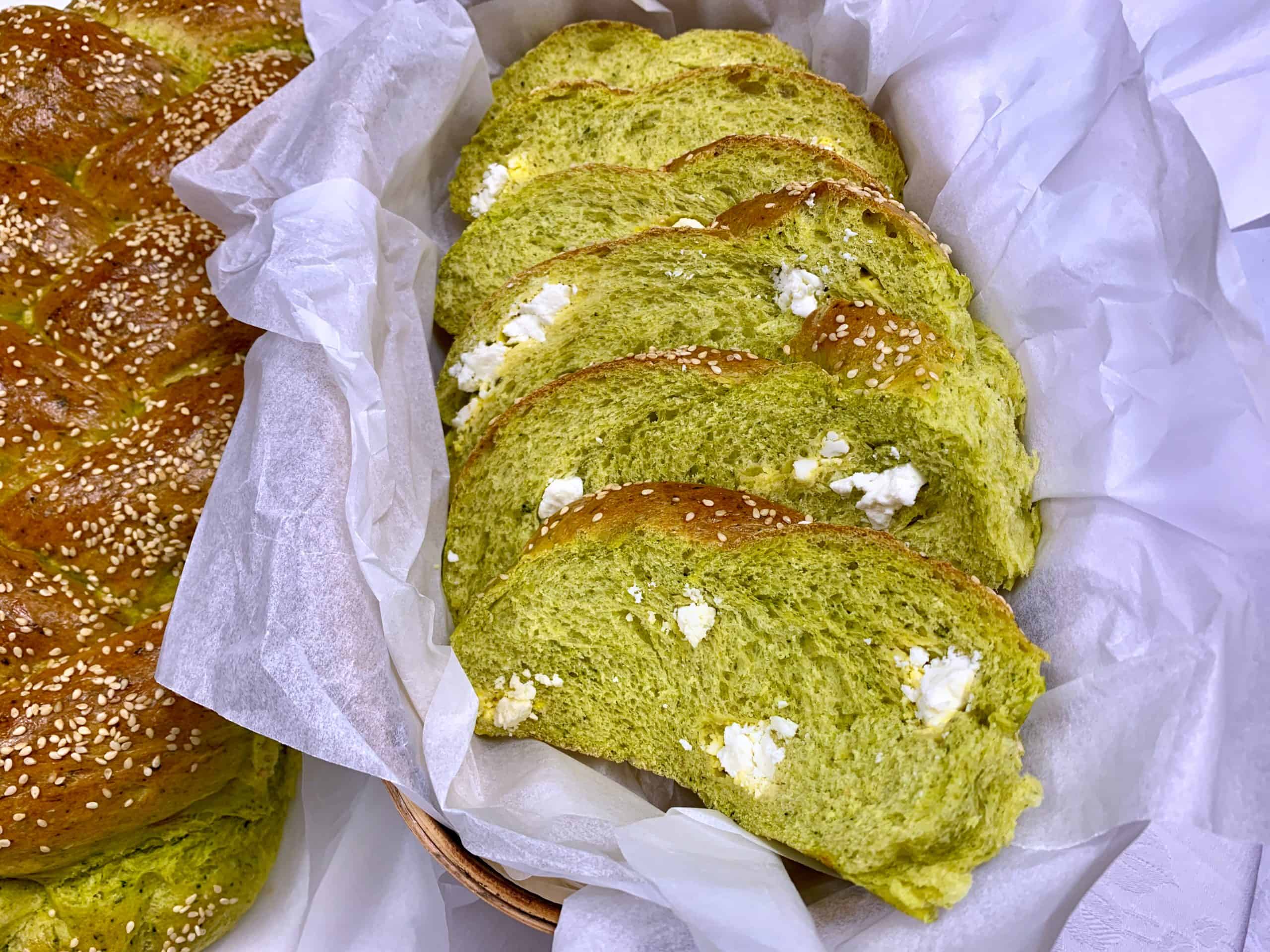 Savoury Tsoureki loaf with Feta cheese, spinach and leek close up