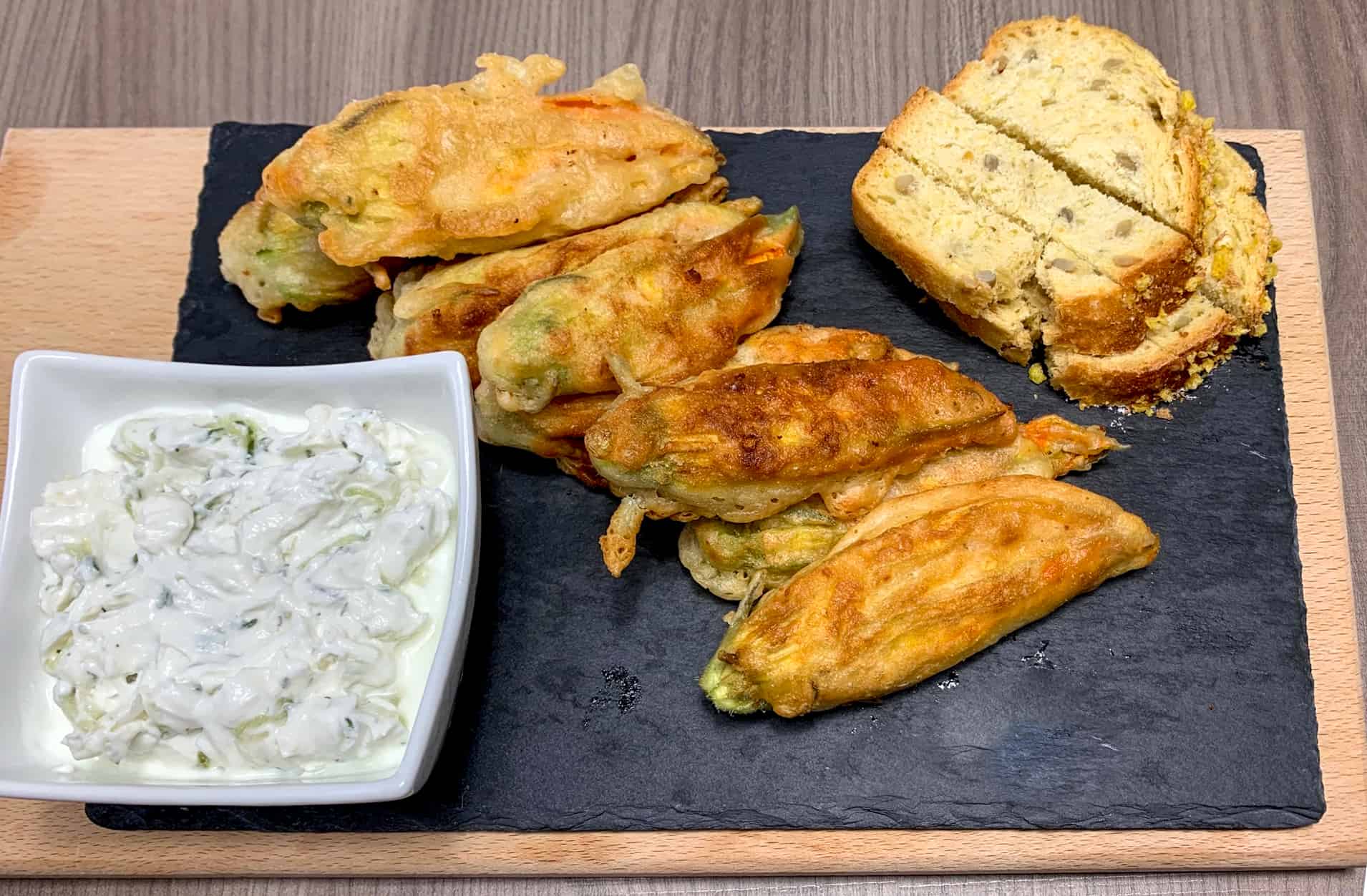 Stuffed zucchini blossoms with feta