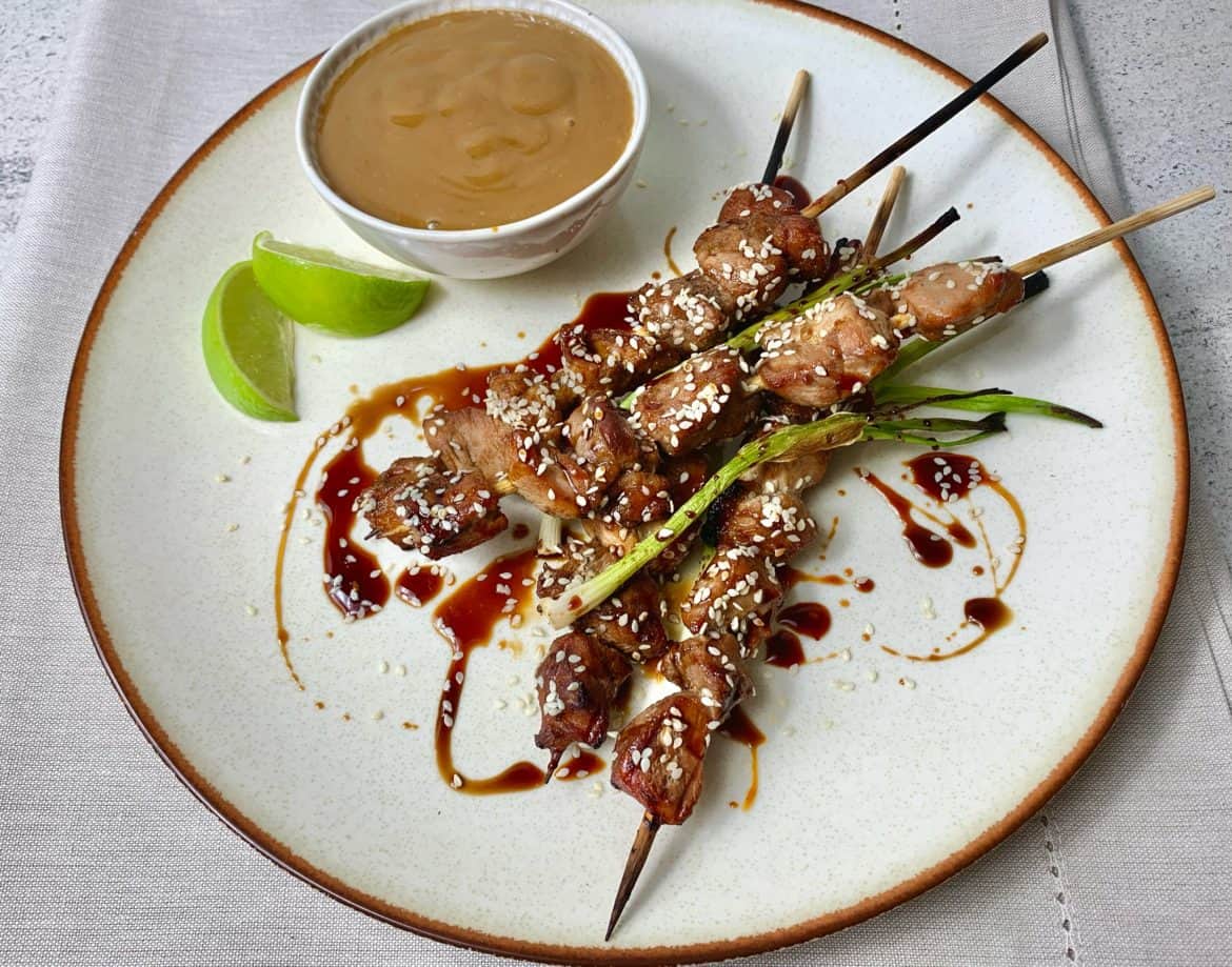 Greek souvlaki (skewers) with carob honey marinade and dip