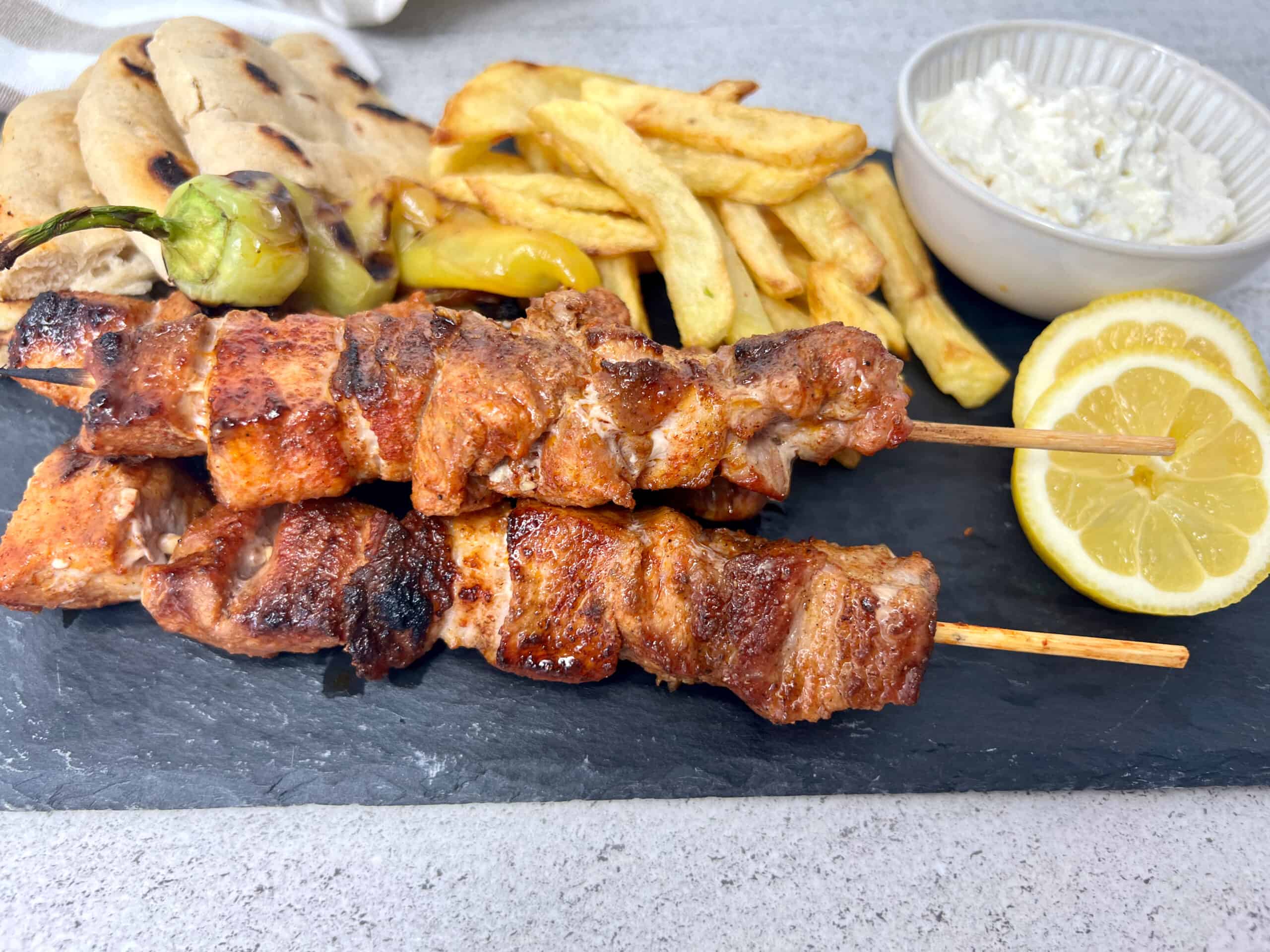 Pork souvlaki platter